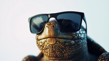 A turtle wearing black sunglasses with a detailed texture of its shell and skin. Its facial expression is neutral, and it looks stylish thanks to the sunglasses