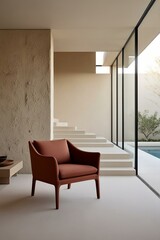 Fototapeta premium Terra cotta accent armchair in spacious room with steps and stucco wall. Minimalist, japandi interior design of modern living room.