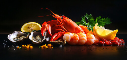 Fresh seafood platter with shrimp, lobster, oysters, and lemon on a dark background.