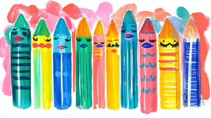 A cheerful illustration featuring a row of colorful pencils with cute faces, drawn in a child-like style with vibrant colors and expressive characters against an abstract background.