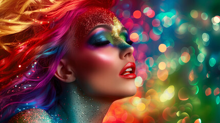 Colorful rainbow artistic makeup with glitter and vibrant bokeh background