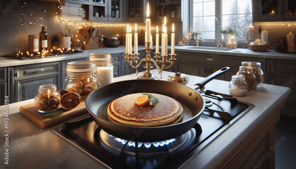 Sticker Warm kitchen scene with fluffy pancakes in a skillet, surrounded by candlelight and festive décor, creating a cozy atmosphere