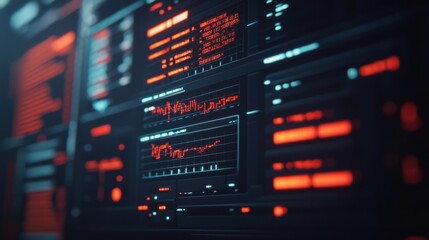 Futuristic Digital Interface with Red and Blue Lights and Data Graphs