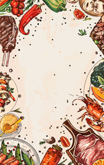 Hand-drawn food illustration featuring various meats, seafood, and herbs arranged in a decorative border. Perfect for restaurant menus, steakhouse promotions, or culinary-themed design projects.