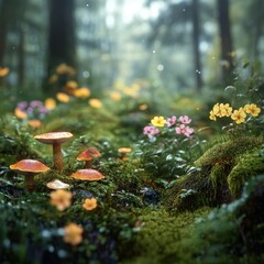Mushrooms and Flowers in a Misty Forest