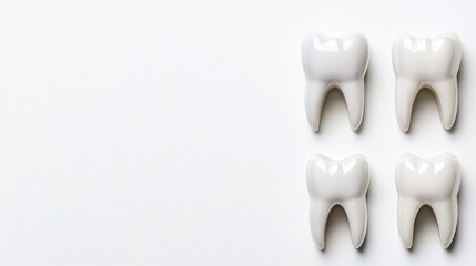 Obraz premium Four white dental teeth models on a clean white background for educational and marketing purposes.