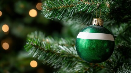 close-up of a green christmas tree decoration featuring a white stripe, beautifully hanging on a festive background, representing the holiday season and capturing the spirit of celebration 