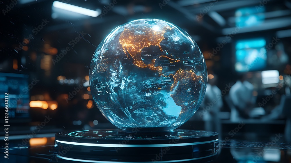 Wall mural close-up shot of a digital globe in a modern weather center, real-time data visualizations showing s