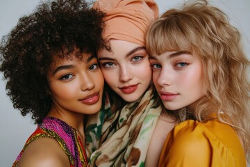 Obraz premium A group of young women from different ethnicities shares bright smiles, symbolizing the strength of friendship and the beauty of diversity.