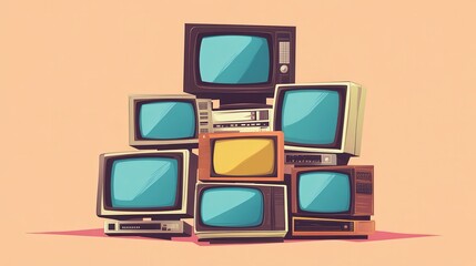 A nostalgic stack of vintage televisions, showcasing retro designs and colorful screens against a pastel backdrop.