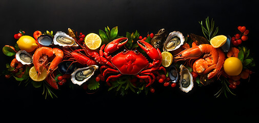 Seafood platter with shrimp, lobster, oysters, and lemon on a dark background.