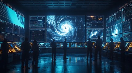 Naklejka premium Hydrometeorologists in a high-tech facility, evaluating satellite-based data of severe weather phenomena, interactive maps showing disaster impact predictions, dark room with vibrant lighting effects,