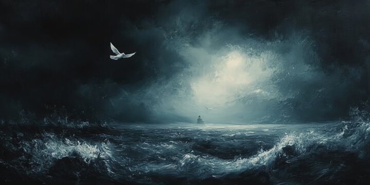 A white dove flying over a stormy sea with a