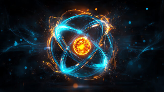 A vibrant and visually striking illustration of an atom with energy swirling around, representing the dynamic nature of atomic structure and fundamental physics.
