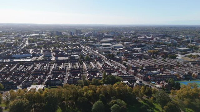 Aerial view of Preston, city in the north of England, United Kingdom