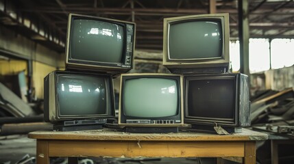 A stack of vintage televisions sits on a wooden table in a dilapidated industrial space, evoking a sense of nostalgia and decay.