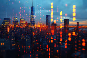 Fototapeta premium Digital Cityscape: Tech Overlay of Modern Skyline