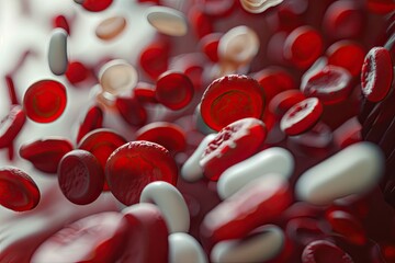 Blood cells floating through a plasma-filled vessel with reflections and detailed biological structures