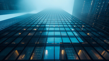 modern skyscraper disappearing into the fog viewed from below