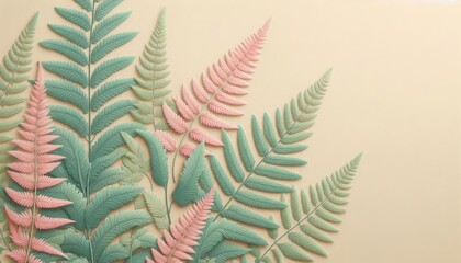 Fern leaves are pink and green on a beige background
