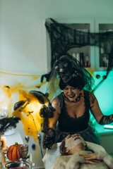 Cosmetologist in a Halloween costume at a beauty salon, holding skincare tools, festive atmosphere.