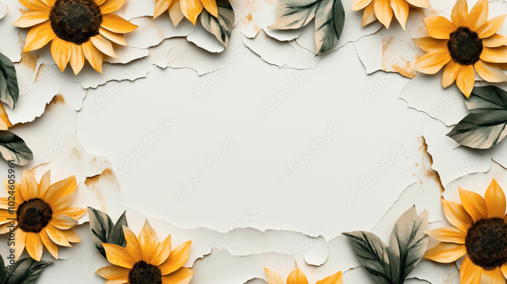 Canvas Prints Background with decorative sunflowers and torn paper edges creating a frame-like border on a textured surface.