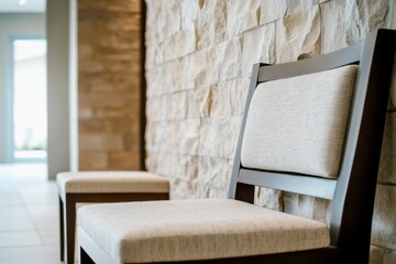 Contemporary seating area with upholstered chairs against textured stone wall, modern minimalist design for office lobby, waiting room, or reception area