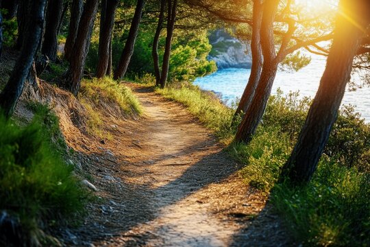 Sunlit forest path leading to the sea with coastal views - Powered by Adobe