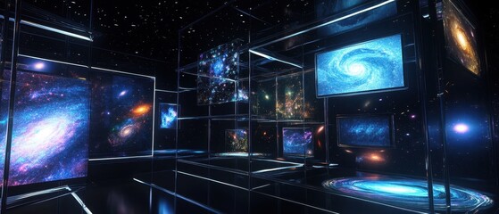 A futuristic exhibit showcasing vivid images of galaxies and cosmic phenomena, filling a dark room with vibrant blues and intricate designs.