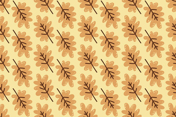 Orange oak leaves background. Autumn leaves in orange colors. Vector fall illustration in doodle style. Vector flat repeated background