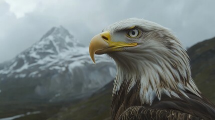 Obraz premium close-up of an eagle with snow-capped mountains in the background, cinematic bokeh effect highlighting the sharpness and majesty of the bird in a natural alpine environment