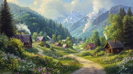Mountain village with winding path and colorful flowers.
