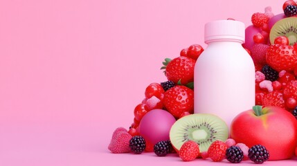 Pink Bottle of Yogurt with Fruits on Pink Background.
