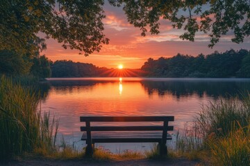 A wooden bench sits on the shore of a lake at sunrise. The sun is rising over the water, casting a warm glow on the scene.