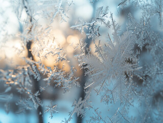 Frost pattern. Frozen water molecules. Snowflake