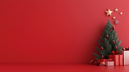  striking dark red Christmas background features a minimalist tree and stars, creating a modern and elegant festive atmosphere.
