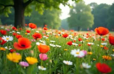 Fototapeta premium A blooming meadow where bright flowers such as poppies and daisies form a colorful carpet. In the distance, you can see trees with green leaves, which give the image depth and volume.