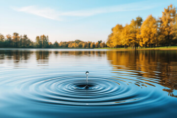 mindful seascape, water drop fallin into water creating ripples and forming circular waves, closeup, blue sky and autumn landscape in background, photorealistic