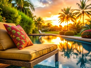 Obraz premium Stylish Outdoor Lounge Chair by Serene Poolside at Sunset - Relaxation and Leisure