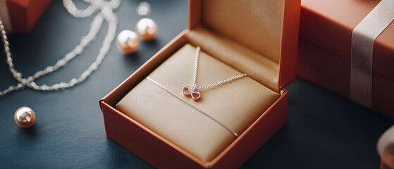 Elegant jewelry displayed in an open gift box, showcasing a stunning necklace with shimmering pendant and pearls.