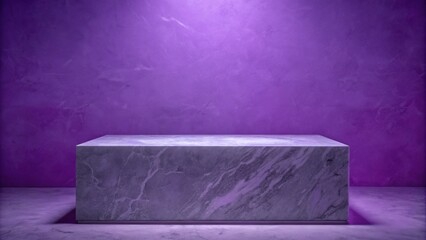 A marble table set against a dark purple wall, illuminated by neon light, creating a minimalistic exhibition space.