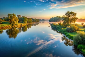 Silhouette panoramic picture of the river in the early morning