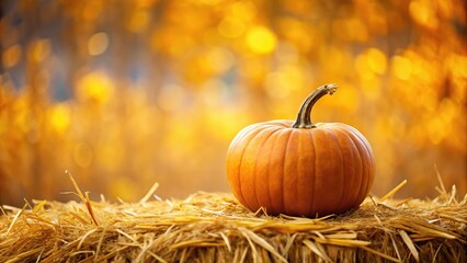 Silhouette pumpkin in dry hay against blurry yellow autumn colors