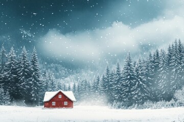 Fototapeta premium A small red cabin stands alone in a snowy, forested landscape, with a dramatic sky and falling snow.