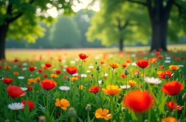Fototapeta premium A blooming meadow where bright flowers such as poppies and daisies form a colorful carpet. In the distance, you can see trees with green leaves, which give the image depth and volume.