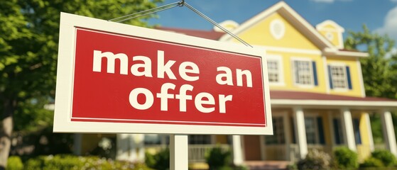 Make an offer sign in front of a vibrant yellow house, symbolizing real estate opportunities.