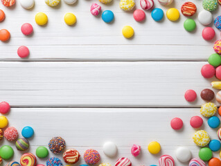 Obraz premium A colorful array of assorted candies and sweets arranged beautifully on a wooden surface