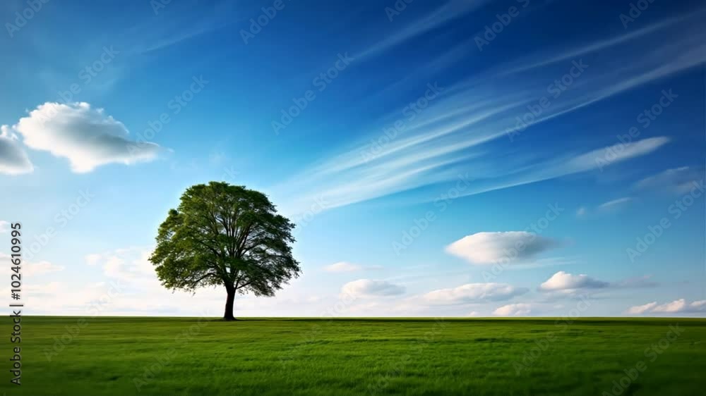 Poster a tree stands in a field of grass with a clear blue sky above.