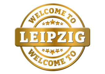 golden sticker welcome to leipzig germany
