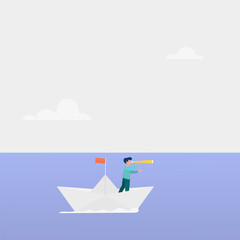 Obraz premium A business leader looks through binoculars at paper boats, challenging the crisis. Vector illustration. 